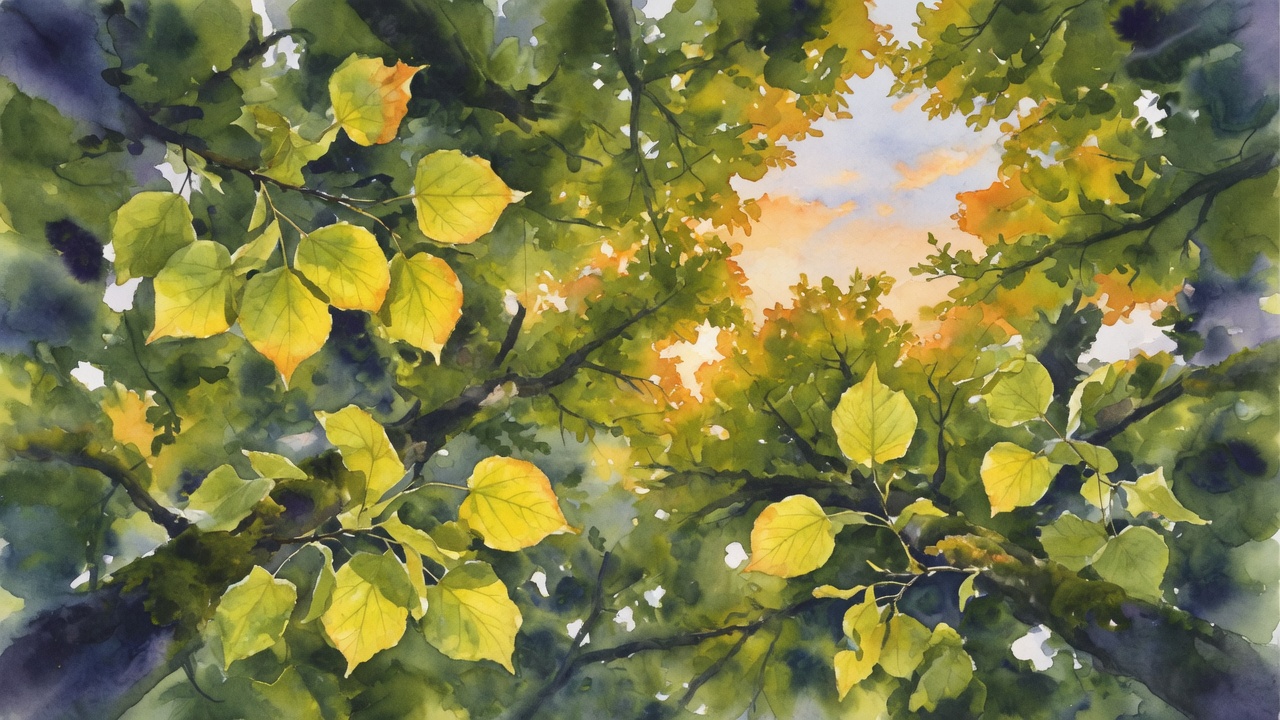 Looking up through a linden canopy with light shining through