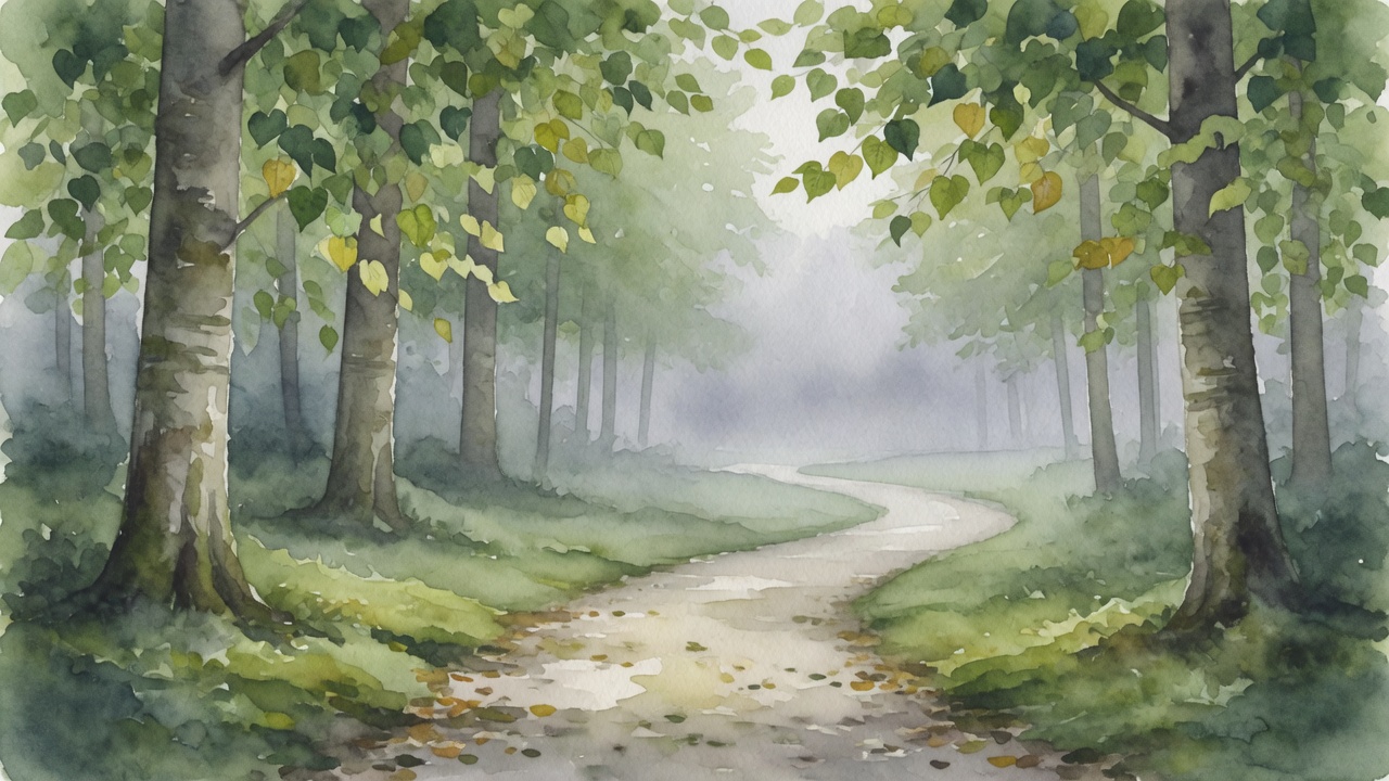 Watercolor of a curving forest path under a linden canopy
