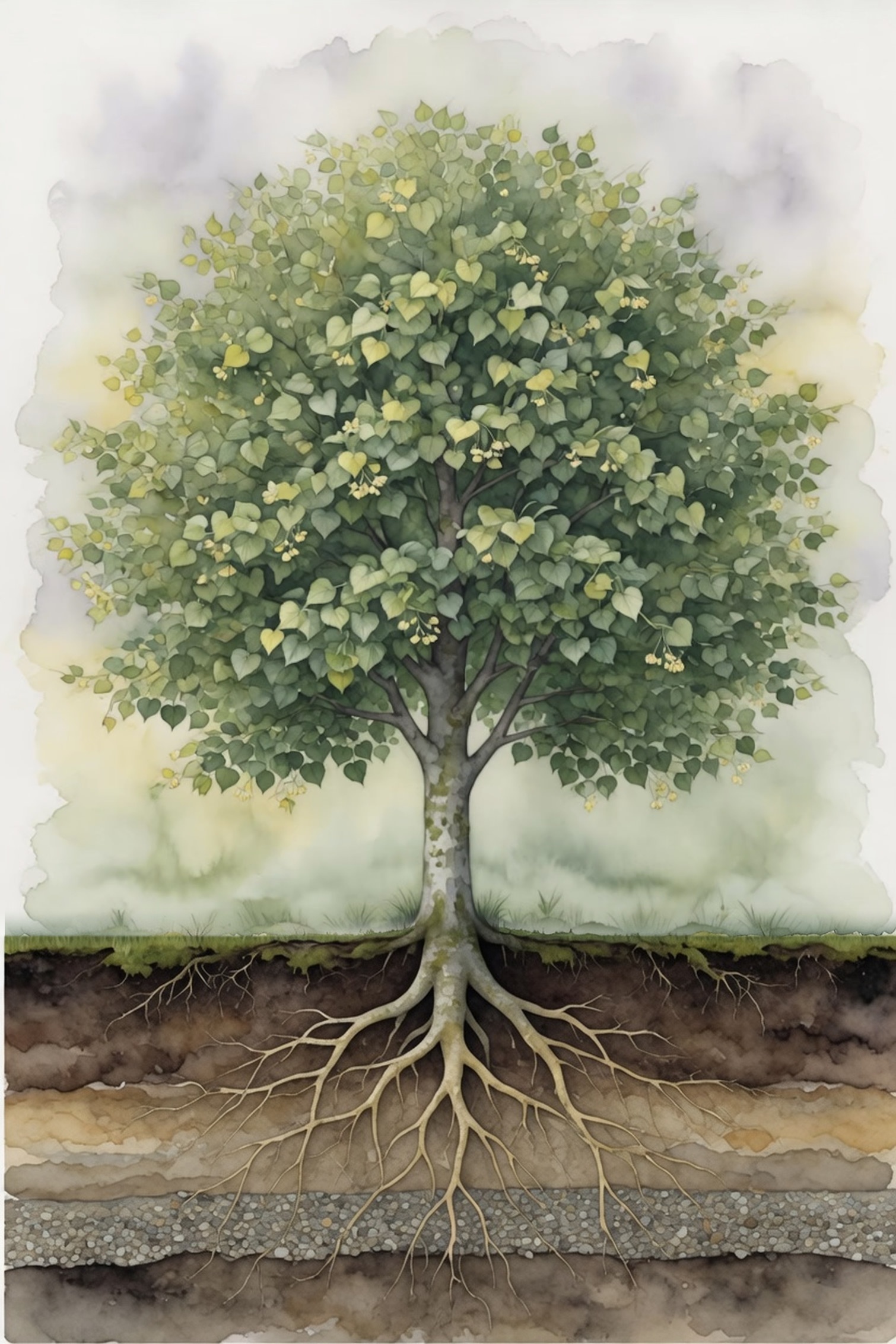 Watercolor of a linden tree with its roots shown in a cutaway of the earth
